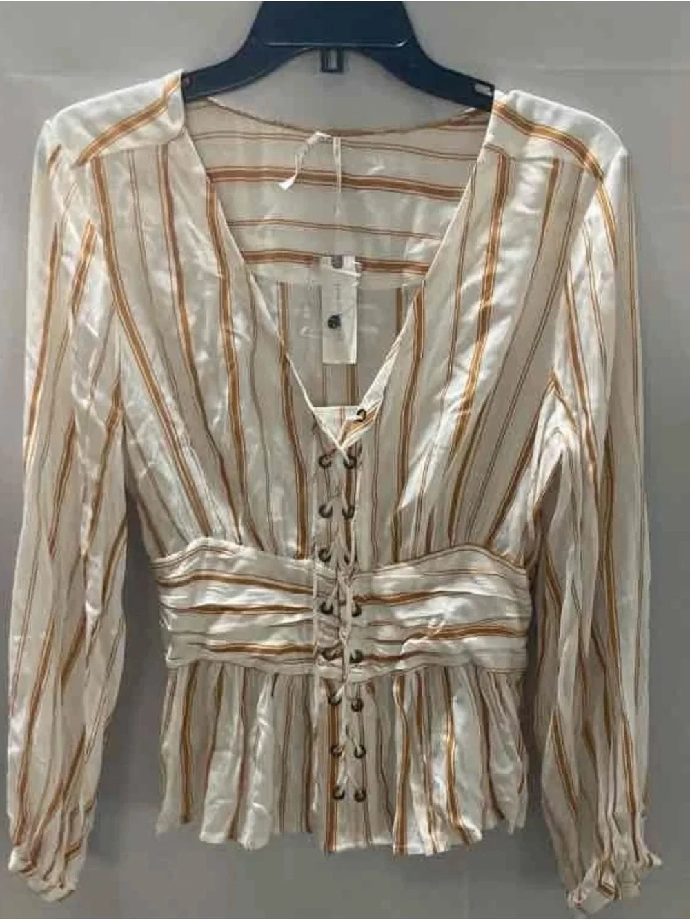 Anthropologie Cream and Tan Striped Lace-Up Peplum Blouse feather and bone boho